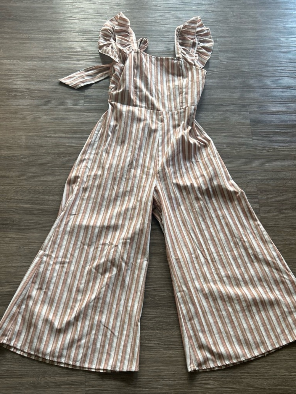 SHEIN Pink and White Striped Ruffle-Strap Wide-Leg Jumpsuit